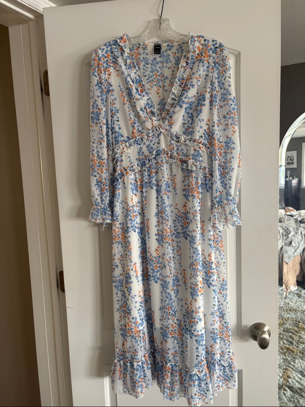 SHEIN White Floral Ruffle V-Neck Midi Dress - Blue & Orange